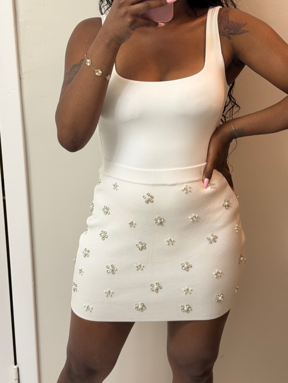 Zara White Embellished Skirt with Studs